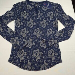 NWT Chaps Denim Womens Blue Paisley Waffle Knit Henley Top Long Sleeve Small